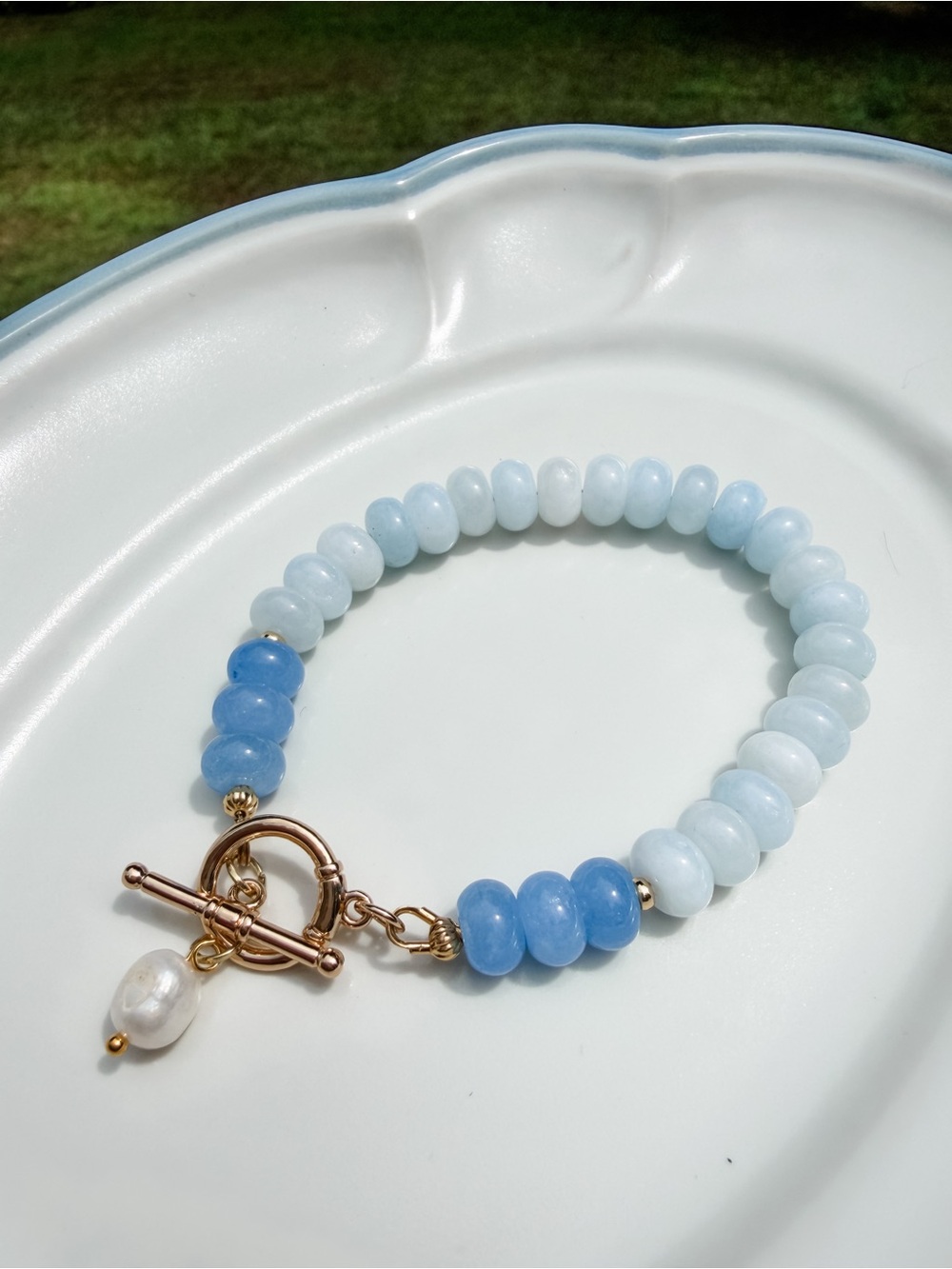 B5 Handmade Blue Jade and Aquamarine Natural Stone Beaded Bracelet with Pearl